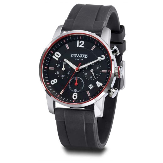 D85541.04 Reloj DUWARD de Caballero correa y Caja de acero 316L Cronógrafo esfera negra y roja sumergible 100 metros (10atm)