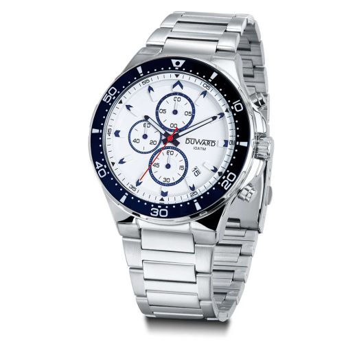 D95543.01 Reloj Duward de hombre con pulsera de Acero IP índices blancos y azules, calendario, 10 atm equipado con cronógrado