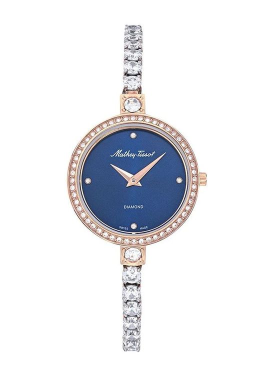 D986SPBU Infinity Reloj Mathey Tissot mujer Swiss Made acero inoxidable con IP oro rosa esfera azul cristal zafiro bisel y pulsera con circonitas