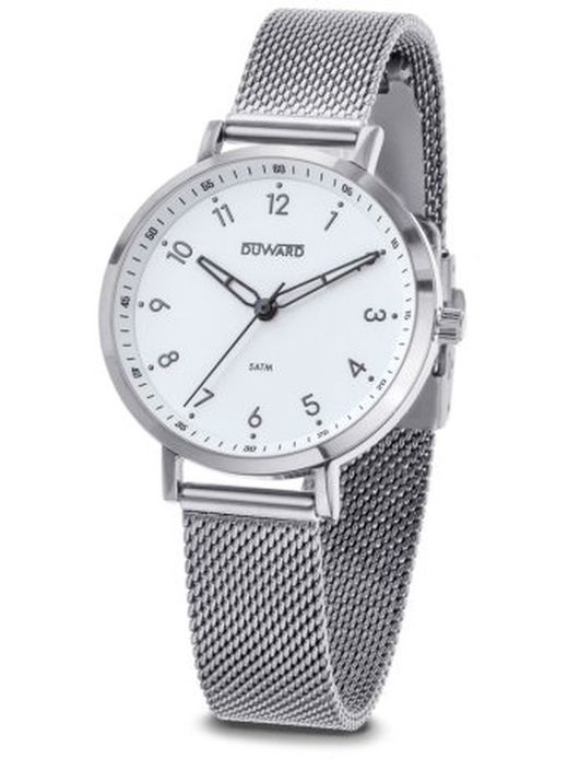 ELEGANCE StilingasRef. D25352.01 Un atractivo reloj DUWARD elegante para mujer con correa de malla milanesa, esfera blanca y bisel liso e índices arábigos