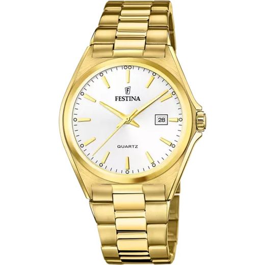 F20555/2 Elegante reloj FESTINA de hombre de acero dorado 316L, cristal mineral, calendario con esfera blanca