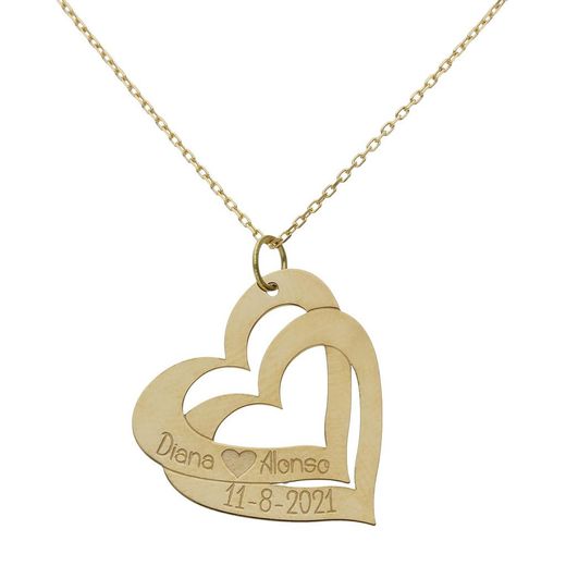 G1081 Gargantilla colgante con dos corazones en oro de 18 Kilates personalizable muy original