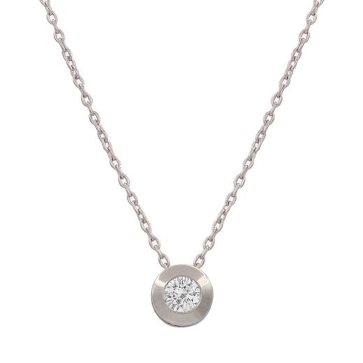 G653 Gargantilla colgante mujer con chatón en oro blanco de 18 ktes con circonita en talla brillante engastada con bisel y cadena forzada de 1 mm