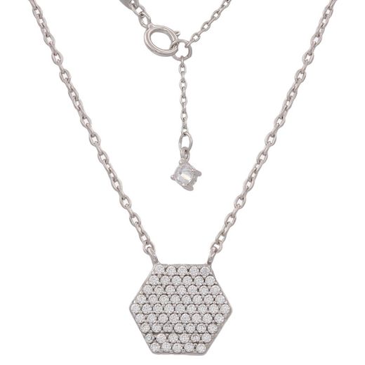 Colgante oro blanco 18K en forma hexagonal con circonita engastadas en pavé