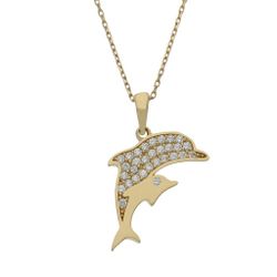 G922 Gargantilla oro 18 Kilates en oro amarillo con dos delfines y circonitas