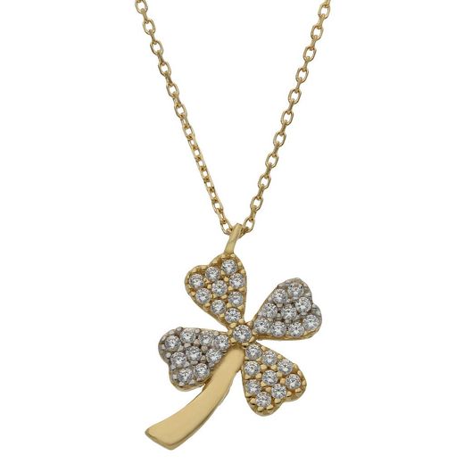 G931 Collar para mujer en oro de ley 18K con forma de trébol y circonitas con cuatro hojas