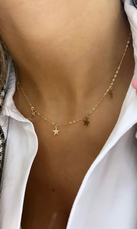 Gargantilla en oro 18K de mujer con cadena forzada decorada con siete estrellas colgando