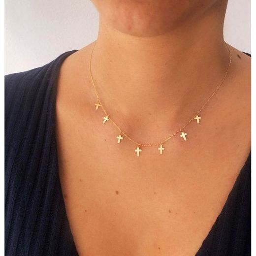 Gargantilla mujer de oro 18k decorada con siete cruces colgando muy fina y elegante