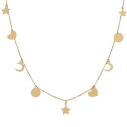 Gargantilla mujer en oro de 18K con charms de estrellas, corazones, lunas y círculos fino y elegante