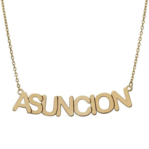 G969 Collar o gargantilla oro 18K con cadena y letras ASUNCION colgando estilo moderno