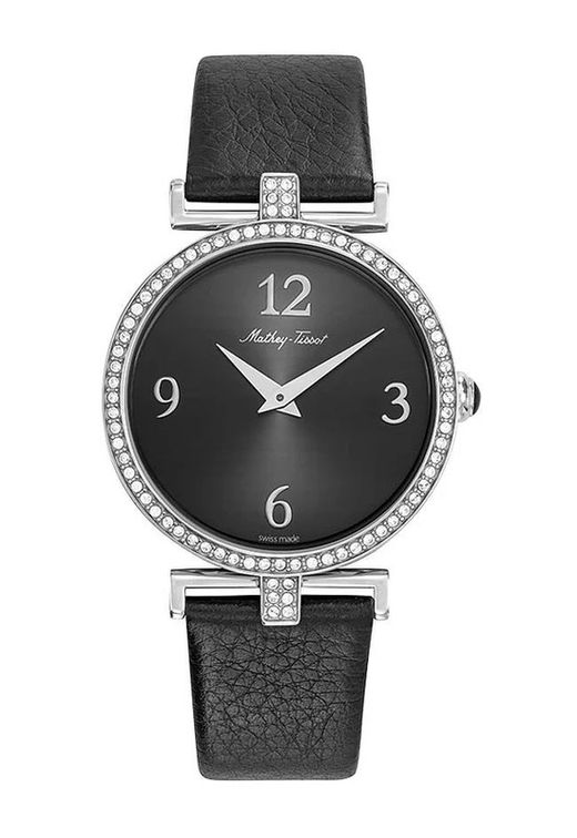 Gaia D587QAN Reloj Mathey Tissot Swiss Made mujer acero 316L con circonitas esfera negra muy elegante correa de cuero negro
