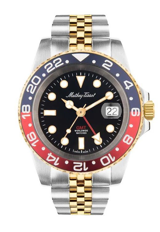 GMT H903BBR Reloj Mathey Tissot hombre Swiss Made esfera negra elegante acero inoxidable 316L bicolor con lupa en el calendario