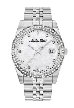 H709AQI Este reloj de mujer Mathey Tissot Swiss Made presenta una elegante esfera de madreperla y un bisel adornado con circonitas, su brazalete y caja de acero inoxidable 316L de primera calidad MATHY IV