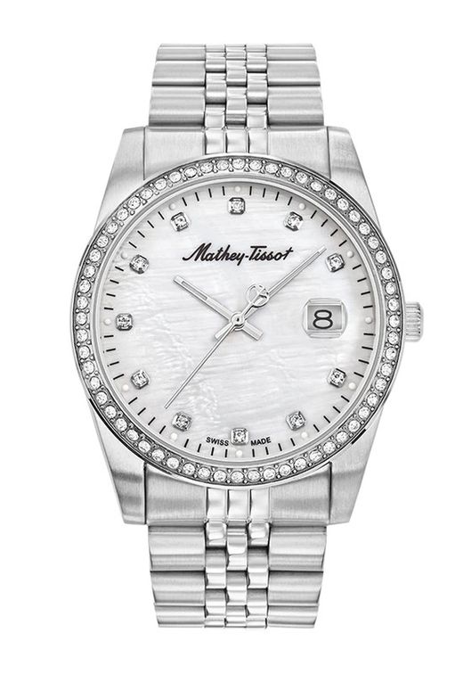 H709AQI Este reloj de mujer Mathey Tissot Swiss Made presenta una elegante esfera de madreperla y un bisel adornado con circonitas, su brazalete y caja de acero inoxidable 316L de primera calidad MATHY IV