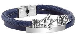 Katyn Ref DT3095.05 Pulsera para Hombre de Cuero genuino azul doble hecho a mano trenzado, motivo ancla, pulsera cierre de pestaña de acero inoxidable 316L