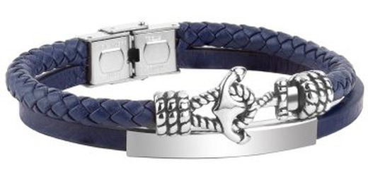 Katyn Ref DT3095.05 Pulsera para Hombre de Cuero genuino azul doble hecho a mano trenzado, motivo ancla, pulsera cierre de pestaña de acero inoxidable 316L