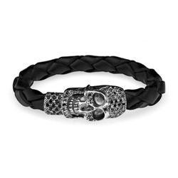L33 Pulsera Plata de Palo hombre calavera trenzada de cuero negro