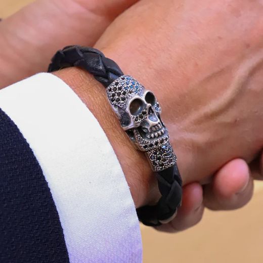 L33 Pulsera Plata de Palo hombre calavera trenzada de cuero negro