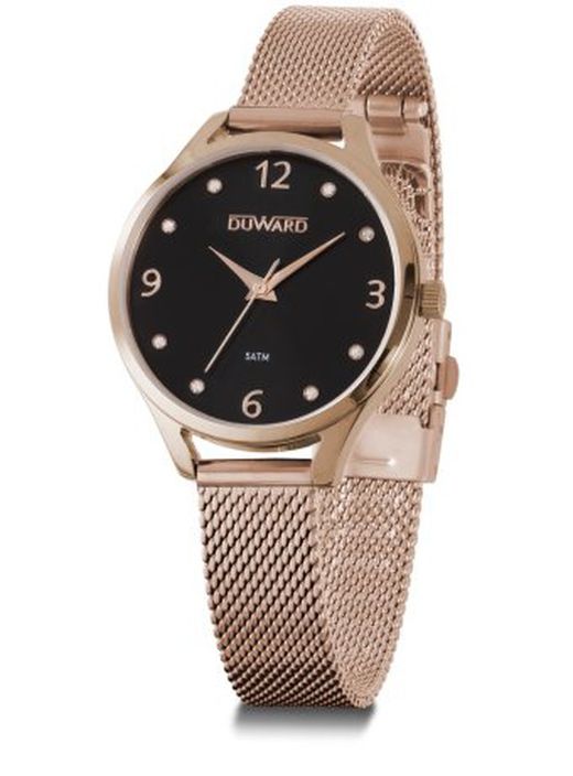 Reloj Duward mujer colección LADY Babaye D25343.22 de acero inoxidable 316L tratamiento IP rosa, esfera negra azabache super elegante