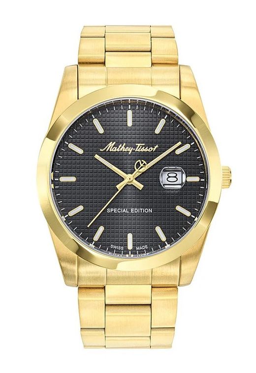 Mathy Chess H452PN Reloj Mathey Tissot Swiss Made de hombre esfera negra elegante acabado en acero inoxidable 316L con tratamiento IP oro y calendario, Especial Edición.