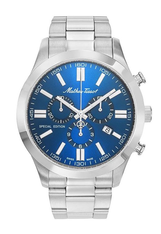 MATHY I JUMBO CHRONO H455CHABU Reloj Mathey-Tiissot Swiss Made para hombre movimiento Suizo caja y pulsera de acero inoxidable 316L esfera azul atractiva