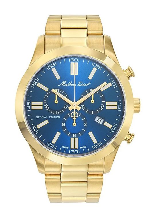MATHY I JUMBO CHRONO H455CHPBU Reloj Mathey Tissot de hombre acero inoxidble 316L chapado en oro, cronógrafo y fecha esfera azul elegante