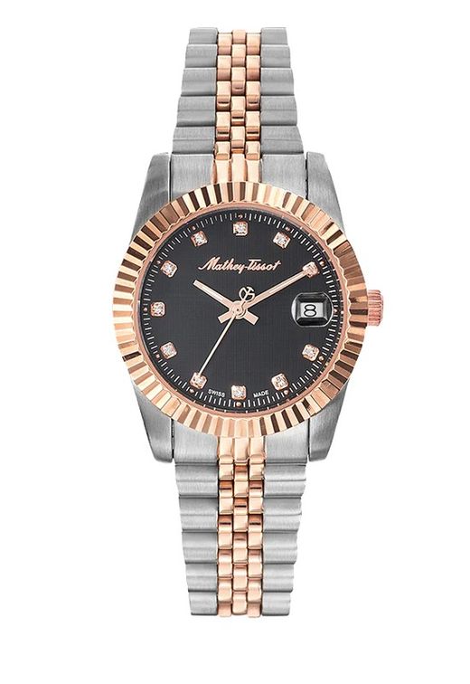 Reloj de Mujer Mathey Tissot modelo III D810RN swiss made tres agujas con lupa en el calendario, caja y brazalete en acero inoxidable 316L bicolor con tratamiento IP oro rosa