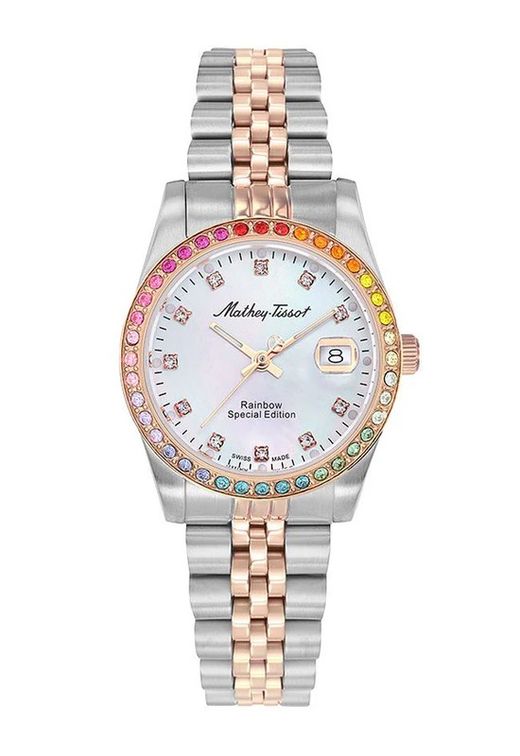Reloj Mathey Tissot para mujer Swiss Made  Rainbow D809BQI acero inoxidable bicolor 316L bisel atractivo y elegante con circonitas de colores
