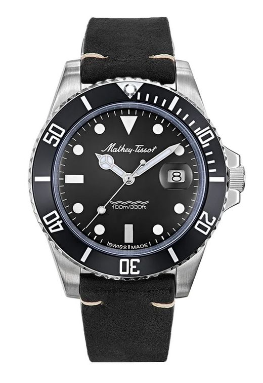 Mathey Vintage Quartz 42mm H901ALN Reloj Mathey Tissot Swiss Made para hombre caja de acero inoxidable 316L con bisel Ip negro, 10 atm y correa negra de piel genuina