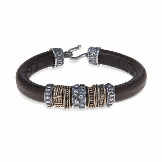MB076X Pulsera PLATA DE PALO hombre de cuero, plata y bronce