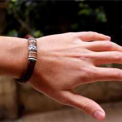 MB076X Pulsera PLATA DE PALO hombre de cuero, plata y bronce