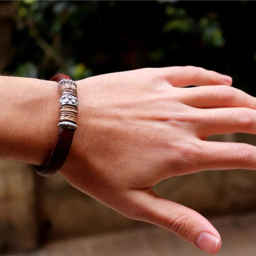 MB076X Pulsera PLATA DE PALO hombre de cuero, plata y bronce