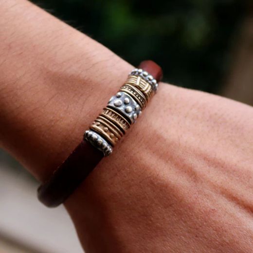 MB076X Pulsera PLATA DE PALO hombre de cuero, plata y bronce