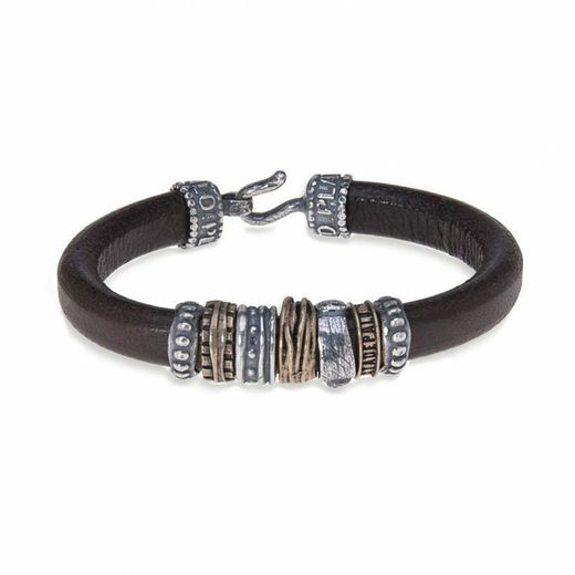 MB077X Pulsera Plata de Palo hombre de plata, bronce y cuero