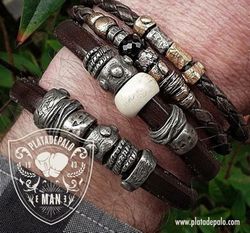 MB14 Pulsera hombre Plata de Palo cierre gancho plata y cuero