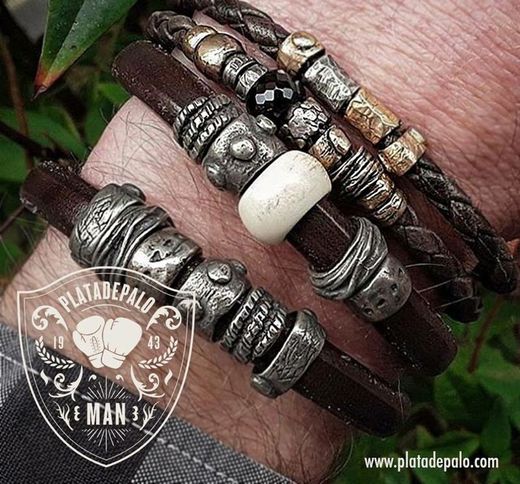 MB14 Pulsera hombre Plata de Palo cierre gancho plata y cuero