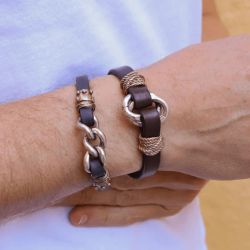 MB168X Pulsera Plata de Palo hombre de cuero plano y bronce