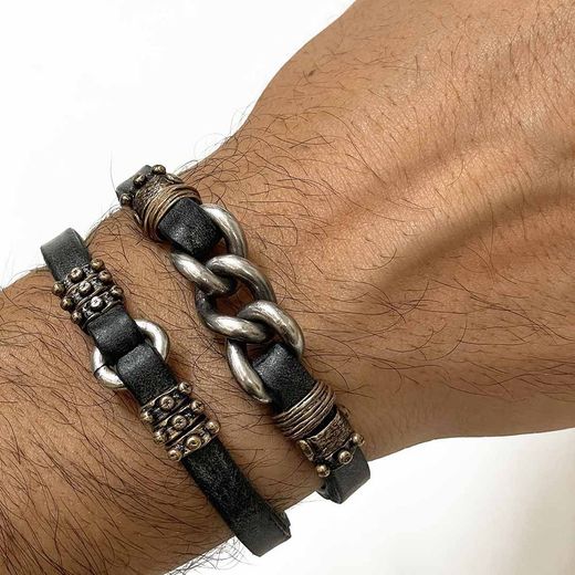 MB169X Pulsera Plata de Palo cuero plano de hombre