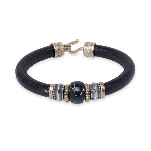 MB184X Pulsera Plata de Palo hombre de cuero redondo negro piezas de plata y bronce con resina central