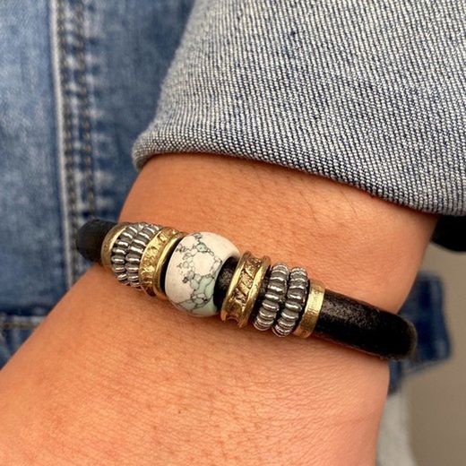 MB185X Pulsera PLATA DE PALO modelo Ikom de cuero para hombre con resina centra color mármol