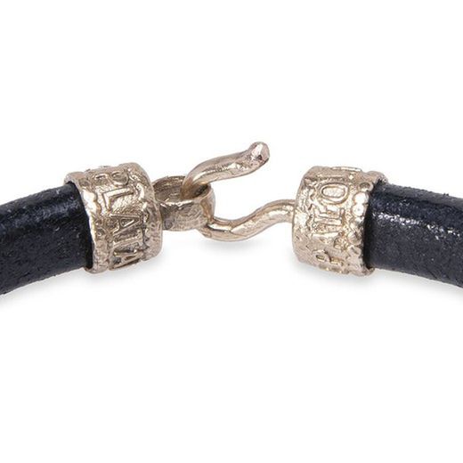 MB186X Pulsera PLATA DE PALO para hombre cuero redondo negro con piezas de bronce y plata