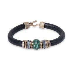MB186X Pulsera PLATA DE PALO para hombre cuero redondo negro con piezas de bronce y plata