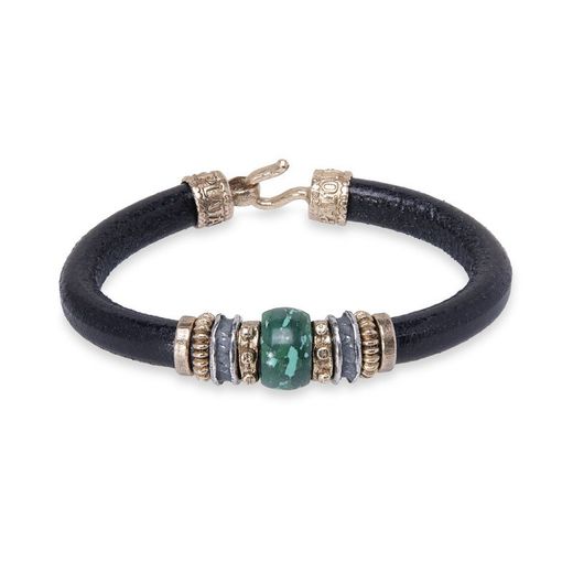 MB186X Pulsera PLATA DE PALO para hombre cuero redondo negro con piezas de bronce y plata
