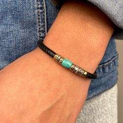 MB191X Pulsera PLATA DE PALO modelo Fran de cuero para hombre piezas de bronce y plata con resina central color turquesa