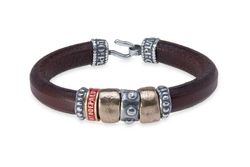 MB217X Pulsera Plata de Palo unisex de cuero, plata de ley y bronce colección Jesorin decorada con cenefas circulares