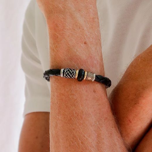 MB222X Pulsera PLATA DE PALO de cuero con resina negra y cierre magnético de acero inoxidable color negro