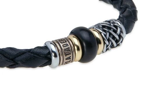 MB222X Pulsera PLATA DE PALO de cuero con resina negra y cierre magnético de acero inoxidable color negro