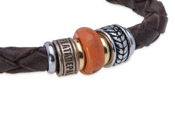 MB224X Pulsera Plata de Palo de cuero con resina naranja cierre magnético de acero inoxidable negro