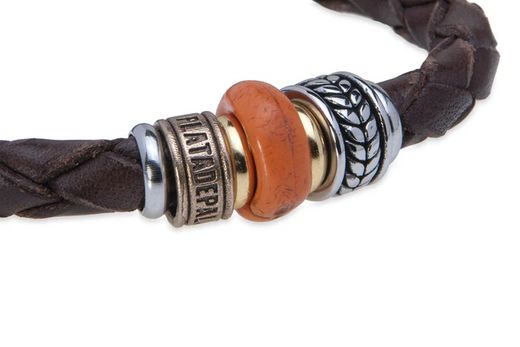 MB224X Pulsera Plata de Palo de cuero con resina naranja cierre magnético de acero inoxidable negro