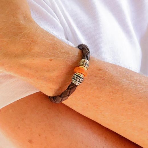 MB224X Pulsera Plata de Palo de cuero con resina naranja cierre magnético de acero inoxidable negro